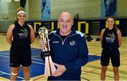 15 October 2020; In attendance at the Super League and Division One 2020/21 season launch are DCU Mercy head coach Mark Ingle with co-captains Hannah Thornton, left, and Megan Connolly. DCU Mercy will tip off their season in Trinity Sport against newly promoted Trinity Meteors on Saturday, 17th at 2pm. Belfast Star will have a new home this season in Lisburn Racquets. Their first game at the venue is due to be on November 28th, when they host UCD Marian in round 6. Photo by Brendan Moran/Sportsfile