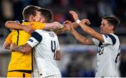 14 October 2020; Lukas Hradecky, left, Joona Toivio and Jukka Raitala, right, of Finland celebrate following the UEFA Nations League B match between Finland and Republic of Ireland at Helsingin Olympiastadion in Helsinki, Finland. Photo by Mauri Fordblom/Sportsfile