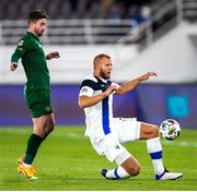 14 October 2020; Paulus Arajuuri of Finland in action against Sean Maguire of Republic of Ireland during the UEFA Nations League B match between Finland and Republic of Ireland at Helsingin Olympiastadion in Helsinki, Finland. Photo by Mauri Fordblom/Sportsfile