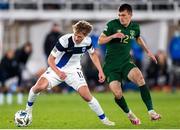 14 October 2020; Rasmus Schuller of Finland in action against Jason Knight of Republic of Ireland during the UEFA Nations League B match between Finland and Republic of Ireland at Helsingin Olympiastadion in Helsinki, Finland. Photo by Mauri Fordblom/Sportsfile