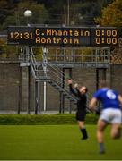 17 October 2020; Referee John Hickey of Carlow prepares to throw in the ball to start the Allianz Football League Division 4 Round 6 match between Wicklow and Antrim at the County Grounds in Aughrim, Wicklow. Wicklows last game was some 232 days previously on the 29th of February when they beat London 5-9 to 2-10. Photo by Ray McManus/Sportsfile