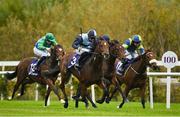 17 October 2020; Benaud, centre, with Shane Crosse up, on their way to winning the Leopardstown Nursery Handicap at Leopardstown Racecourse in Dublin. Photo by Seb Daly/Sportsfile