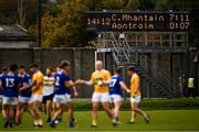 17 October 2020; Players from both sides exchange pleasantries after the game as the scoreboard reflects the final score of the Allianz Football League Division 4 Round 6 match between Wicklow and Antrim at the County Grounds in Aughrim, Wicklow. Photo by Ray McManus/Sportsfile