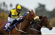 17 October 2020; Surrounding, left, with Ronan Whelan up, races alongside eventual second place Laughifuwant, with Gary Carroll up, on their way to winning the Knockaire Stakes at Leopardstown Racecourse in Dublin. Photo by Seb Daly/Sportsfile