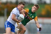 17 October 2020; Conor McCarthy of Monaghan in action against Gavin White of Kerry during the Allianz Football League Division 1 Round 6 match between Monaghan and Kerry at Grattan Park in Inniskeen, Monaghan. Photo by Brendan Moran/Sportsfile