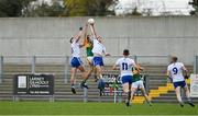 17 October 2020; Diarmuid O'Connor of Kerry contests a kickout with Karl O'Connell and Dessie Ward in front of empty terraces during the Allianz Football League Division 1 Round 6 match between Monaghan and Kerry at Grattan Park in Inniskeen, Monaghan. Photo by Brendan Moran/Sportsfile