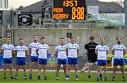 17 October 2020; The Monaghan team stand for Amhrán na bhFiann prior to the Allianz Football League Division 1 Round 6 match between Monaghan and Kerry at Grattan Park in Inniskeen, Monaghan. Photo by Brendan Moran/Sportsfile