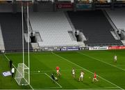 17 October 2020; Paul Kerrigan of Cork shoots to score his side's third goal past goalkeeper Craig Lynch of Louth during the Allianz Football League Division 3 Round 6 match between Cork and Louth at Páirc Ui Chaoimh in Cork. Photo by Harry Murphy/Sportsfile