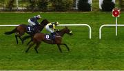 17 October 2020; Surrounding, left, with Ronan Whelan up, passes the post ahead of second place Laughifuwant, with Gary Carroll up, to win the Knockaire Stakes at Leopardstown Racecourse in Dublin. Photo by Seb Daly/Sportsfile