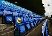 17 October 2020; A general view of social distance signage on a seat ahead of the Allianz Football League Division 1 Round 6 match between Dublin and Meath at Parnell Park in Dublin. Photo by Ramsey Cardy/Sportsfile