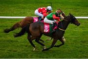 17 October 2020; Future Proof, right, with Maxine O'Sullivan up, races alongside eventual second place Call Me Dolly, with Nikita Amelia Kane up, on their way to winning the Breast Cancer Ireland Handicap at Leopardstown Racecourse in Dublin. Photo by Seb Daly/Sportsfile