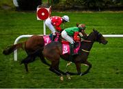 17 October 2020; Future Proof, right, with Maxine O'Sullivan up, passes the post ahead of second place Call Me Dolly, with Nikita Amelia Kane up, to win the Breast Cancer Ireland Handicap at Leopardstown Racecourse in Dublin. Photo by Seb Daly/Sportsfile