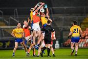 17 October 2020; Jarly Óg Burns of Armagh and Cathal Compton, left, and Enda Smith of Roscommon contest possession in a crowded midfield during the Allianz Football League Division 2 Round 6 match between Armagh and Roscommon at the Athletic Grounds in Armagh. Photo by Piaras Ó Mídheach/Sportsfile