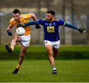 17 October 2020; Dermot McAleese of Antrim in action against Darren Hayden of Wicklow during the Allianz Football League Division 4 Round 6 match between Wicklow and Antrim at the County Grounds in Aughrim, Wicklow. Photo by Ray McManus/Sportsfile