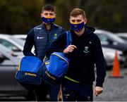 17 October 2020; Saoirse Kearon, left, and Pat Darragh Fitzgerald of Wicklow arrive for the Allianz Football League Division 4 Round 6 match between Wicklow and Antrim at the County Grounds in Aughrim, Wicklow. Photo by Ray McManus/Sportsfile