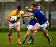 17 October 2020; Patrick McBride of Antrim in action against Eoin Murtagh of Wicklow during the Allianz Football League Division 4 Round 6 match between Wicklow and Antrim at the County Grounds in Aughrim, Wicklow. Photo by Ray McManus/Sportsfile