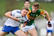 17 October 2020; Conor McCarthy of Monaghan in action against Gavin White of Kerry during the Allianz Football League Division 1 Round 6 match between Monaghan and Kerry at Grattan Park in Inniskeen, Monaghan. Photo by Brendan Moran/Sportsfile