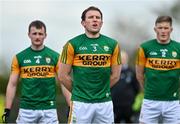 17 October 2020; Tadhg Morley of Kerry stands with his team-mates for Amhrán na bhFiann prior to the Allianz Football League Division 1 Round 6 match between Monaghan and Kerry at Grattan Park in Inniskeen, Monaghan. Photo by Brendan Moran/Sportsfile