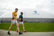 18 October 2020; Leitrim players Aaron McDermott and Enda Moreton make their way to the warm-up prior to the Allianz Hurling League Division 3B Final match between Sligo and Leitrim at the Connacht Centre of Excellence in Bekan, Mayo. Photo by Harry Murphy/Sportsfile