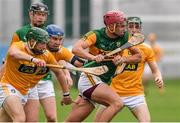 18 October 2020; Fionan Mackessy of Kerry in action against Niall McKenna, Donal Nugent and James McNaughton of Antrim during the Allianz Hurling League Division 2A Final match between Antrim and Kerry at Bord na Mona O'Connor Park in Tullamore, Offaly. Photo by Matt Browne/Sportsfile