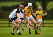 18 October 2020; Karl McDermott of Leitrim in action against Eoin Comerford of Sligo during the Allianz Hurling League Division 3B Final match between Sligo and Leitrim at the Connacht Centre of Excellence in Bekan, Mayo. Photo by Harry Murphy/Sportsfile