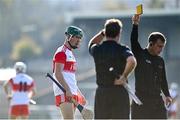 18 October 2020; Fintan Bradley of Derry reacts as he is shown a yellow card by referee James Clarke during the Allianz Hurling League Division 2B Final match between Down and Derry at the Athletic Grounds in Armagh. Photo by Sam Barnes/Sportsfile