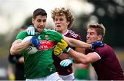 18 October 2020; Lee Keegan of Mayo is tackled by Conor Campbell, left, and Gary O'Donnell of Galway during the Allianz Football League Division 1 Round 6 match between Galway and Mayo at Tuam Stadium in Tuam, Galway. Photo by Ramsey Cardy/Sportsfile