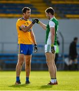 18 October 2020; Gary Brennan of Clare and Eoin Donnelly of Fermanagh bump fists after the Allianz Football League Division 2 Round 6 match between Clare and Fermanagh at Cusack Park in Ennis, Clare. Photo by Diarmuid Greene/Sportsfile