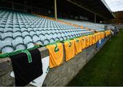 18 October 2020; Donegal jerseys are lined at the bottom of the stands for the players prior to the Allianz Football League Division 1 Round 6 match between Donegal and Tyrone at MacCumhail Park in Ballybofey, Donegal. Photo by David Fitzgerald/Sportsfile