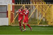 18 October 2020; Gary Deegan of Shelbourne, left, celebrates with team-mate Dayle Rooney after scoring his side's first goal during the SSE Airtricity League Premier Division match between Shelbourne and Sligo Rovers at Tolka Park in Dublin. Photo by Seb Daly/Sportsfile