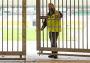 18 October 2020; Head groundsman Jim Kelly locks the gates after the Allianz Hurling League Division 2A Final match between Antrim and Kerry at Bord na Mona O'Connor Park in Tullamore, Offaly. Photo by Matt Browne/Sportsfile