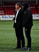 19 October 2020; Derry City manager Declan Devine, left, and Derry City technical director Paddy McCourt look on prior to the SSE Airtricity League Premier Division match between Derry City and Dundalk at the Ryan McBride Brandywell Stadium in Derry. Photo by Harry Murphy/Sportsfile