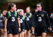19 October 2020; Katie McCabe and Niamh Farrelly, right, arrives for a Republic of Ireland Women training session at Sportschule Wedau in Duisburg, Germany. Photo by Stephen McCarthy/Sportsfile