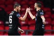 19 October 2020; Sean Murray, left, of Dundalk celebrates after scoring his side's first goal with team-mate Michael Duffy during the SSE Airtricity League Premier Division match between Derry City and Dundalk at Ryan McBride Brandywell Stadium in Derry. Photo by Harry Murphy/Sportsfile