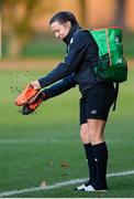 19 October 2020; Harriet Scott cleans her boots following a Republic of Ireland Women training session at Sportschule Wedau in Duisburg, Germany. Photo by Stephen McCarthy/Sportsfile