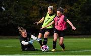 19 October 2020; Goalkeeper Courtney Brosnan claims to ball ahead of Diane Caldwell and Leanne Kiernan, right, during a Republic of Ireland Women training session at Sportschule Wedau in Duisburg, Germany. Photo by Stephen McCarthy/Sportsfile