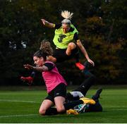 19 October 2020; Goalkeeper Courtney Brosnan claims to ball ahead of Diane Caldwell, yellow bib, and Leanne Kiernan during a Republic of Ireland Women training session at Sportschule Wedau in Duisburg, Germany. Photo by Stephen McCarthy/Sportsfile