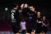 19 October 2020; Jordan Flores of Dundalk celebrates after scoring his side's second goal with team-mate Darragh Leahy, right, during the SSE Airtricity League Premier Division match between Derry City and Dundalk at Ryan McBride Brandywell Stadium in Derry. Photo by Harry Murphy/Sportsfile