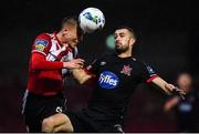 19 October 2020; Jack Malone of Derry City and Michael Duffy of Dundalk contest a header during the SSE Airtricity League Premier Division match between Derry City and Dundalk at Ryan McBride Brandywell Stadium in Derry. Photo by Harry Murphy/Sportsfile