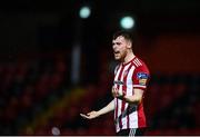 19 October 2020; Cameron McJannett of Derry City reacts during the SSE Airtricity League Premier Division match between Derry City and Dundalk at Ryan McBride Brandywell Stadium in Derry. Photo by Harry Murphy/Sportsfile