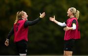 20 October 2020; Diane Caldwell, right, and Amber Barrett during a Republic of Ireland Women training session at Sportschule Wedau in Duisburg, Germany. Photo by Stephen McCarthy/Sportsfile