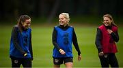 20 October 2020; Republic of Ireland players, from left, Harriet Scott, Denise O'Sullivan and Alli Murphy share a laugh during a Republic of Ireland Women training session at Sportschule Wedau in Duisburg, Germany. Photo by Stephen McCarthy/Sportsfile