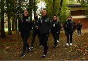 20 October 2020; Niamh Fahey, left, and Aine O'Gorman arrive for a Republic of Ireland Women training session at Sportschule Wedau in Duisburg, Germany. Photo by Stephen McCarthy/Sportsfile