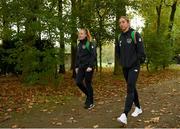 20 October 2020; Megan Connolly, right, and Amber Barrett arrive for a Republic of Ireland Women training session at Sportschule Wedau in Duisburg, Germany. Photo by Stephen McCarthy/Sportsfile