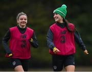 20 October 2020; Niamh Farrelly, right, and Leanne Kiernan during a Republic of Ireland Women training session at Sportschule Wedau in Duisburg, Germany. Photo by Stephen McCarthy/Sportsfile