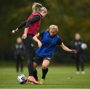 20 October 2020; Louise Quinn is tackled by Ellen Molloy, right, during a Republic of Ireland Women training session at Sportschule Wedau in Duisburg, Germany. Photo by Stephen McCarthy/Sportsfile