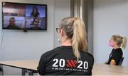 21 October 2020; Republic of Ireland's Louise Quinn, left, and Diane Caldwell watch the 'What's Next for Women in Sport?' conference presented by 20x20 in their team hotel at Sportschule Wedau in Duisburg, Germany. Photo by Stephen McCarthy/Sportsfile