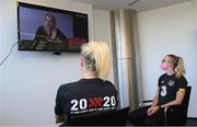 21 October 2020; Republic of Ireland's Louise Quinn, right, and Diane Caldwell watch the 'What's Next for Women in Sport?' conference presented by 20x20 in their team hotel at Sportschule Wedau in Duisburg, Germany. Photo by Stephen McCarthy/Sportsfile