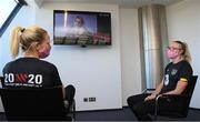 21 October 2020; Republic of Ireland's Louise Quinn, right, and Diane Caldwell watch the 'What's Next for Women in Sport?' conference presented by 20x20 in their team hotel at Sportschule Wedau in Duisburg, Germany. Photo by Stephen McCarthy/Sportsfile