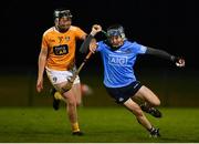 21 October 2020; Luke McDwyer of Dublin in action against Declan McCloskey of Antrim during the Bord Gáis Energy Leinster GAA Hurling U20 Championship Round 1 match between Antrim and Dublin at Louth Centre of Excellence, Darver in Louth. Photo by Eóin Noonan/Sportsfile